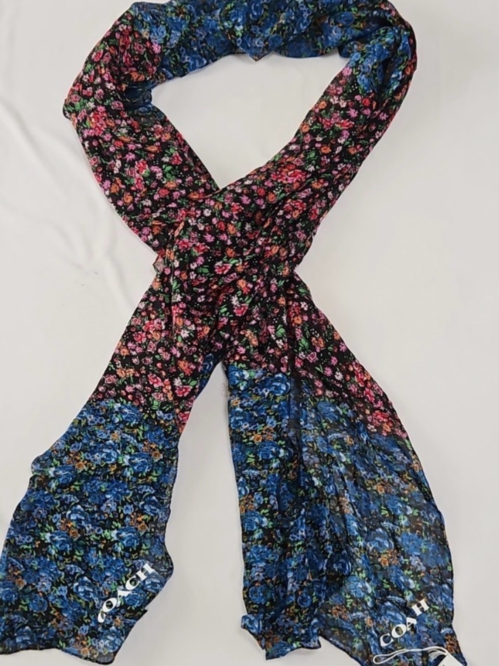 Coach Black Floral Scarf with Pink & Blue Blooms